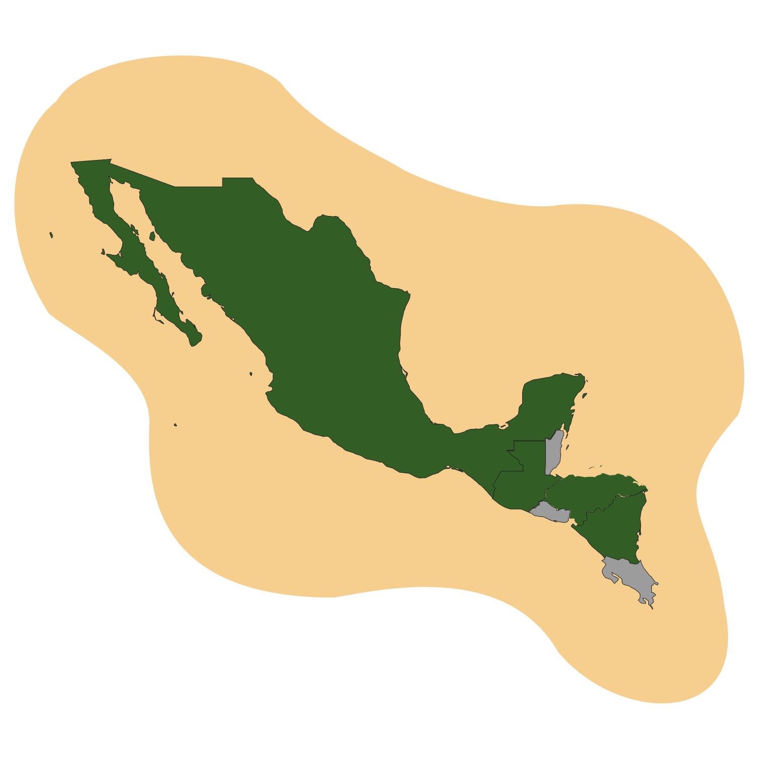 Map of Mexico, Guatemala, Honduras, and Nicaragua showing Sirio’s presence